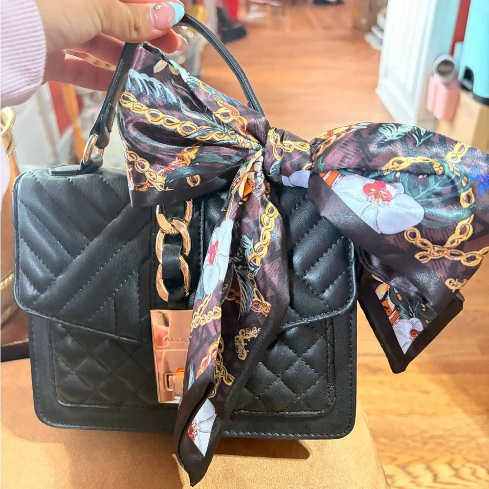 ALDO Black Quilted Top-Handle Women’s Bag with Decorative Scarf